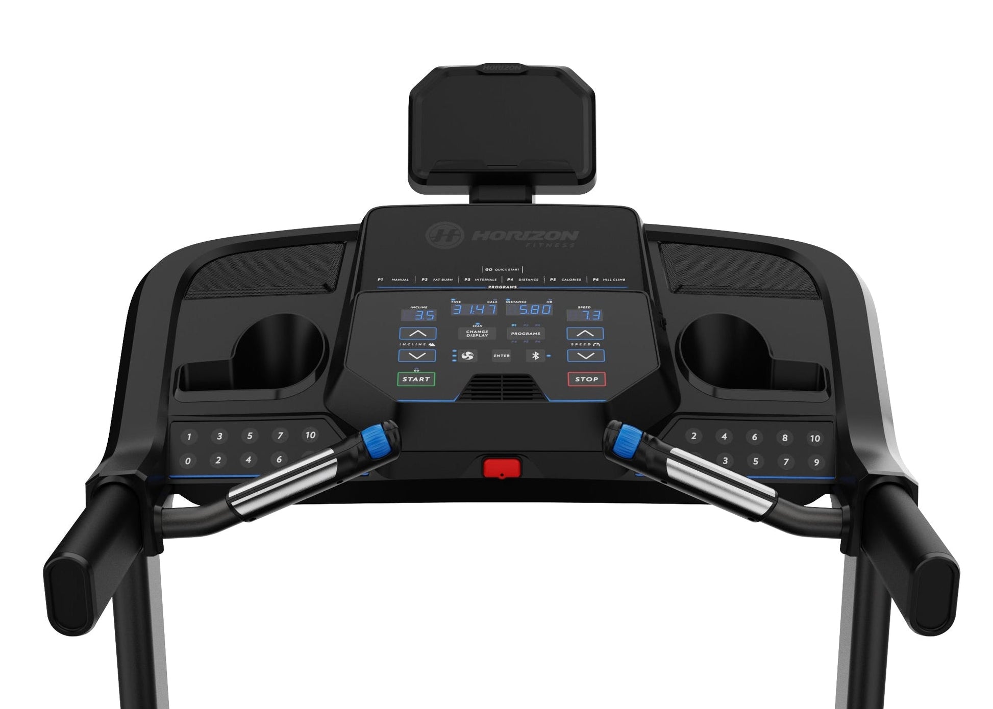 Treadmill console with control buttons on a white background