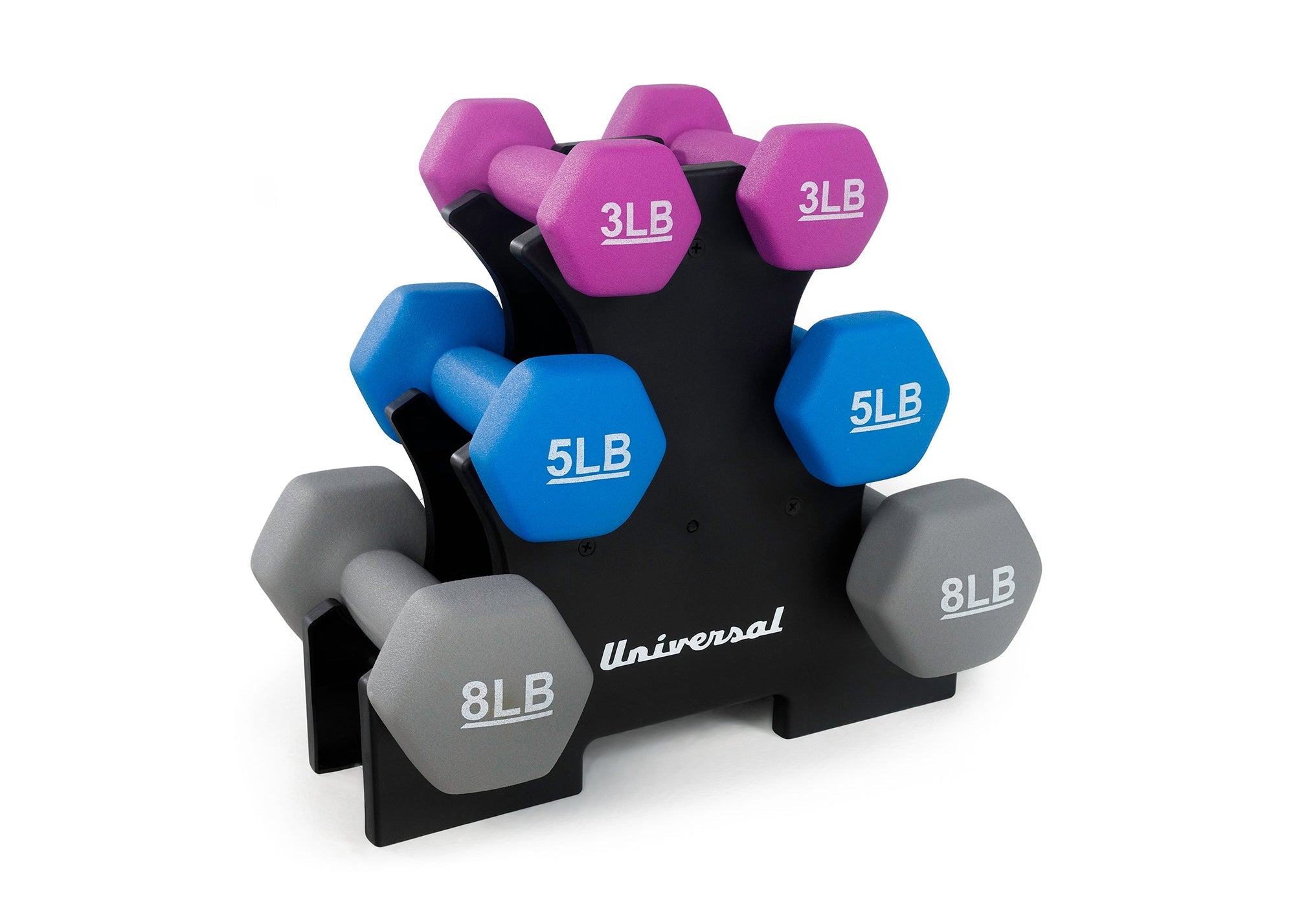 Universal 32lb Neoprene Dumbbell Set with Rack