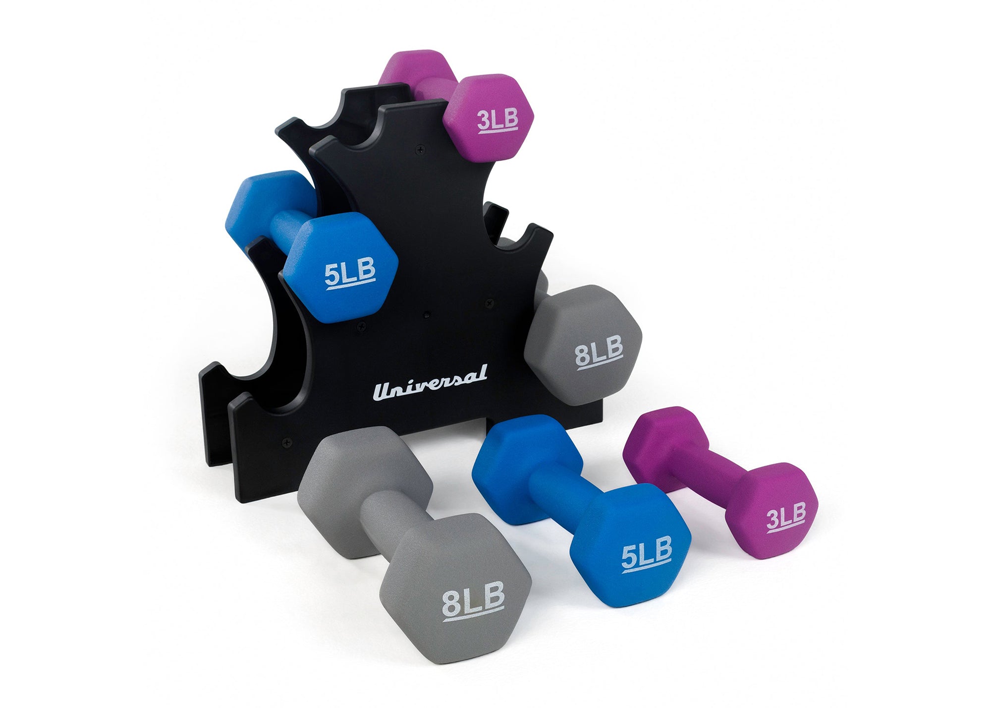 Universal 32lb Neoprene Dumbbell Set with Rack